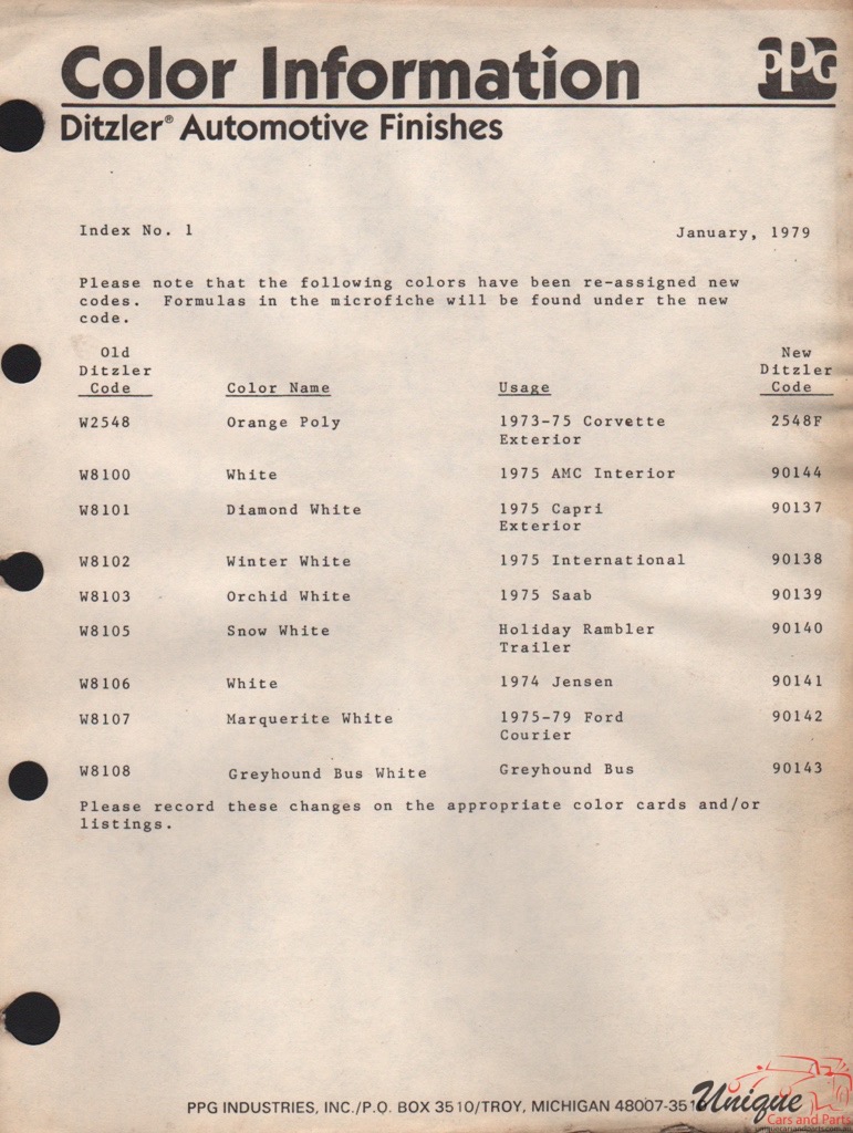 1975-1979 Ford Paint Charts Courer PPG